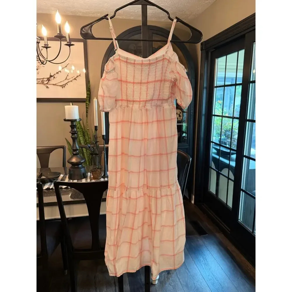 Cat Jack Girls Cold Shoulder White Dress with Pink Windowpane Plaid Medium 8